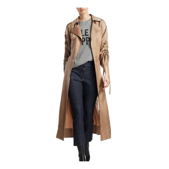 Cinq a Sept Aziza Duster Coat Silky Trech Long Tan Camel Jacket Satin XS Small - Picture 1 of 13